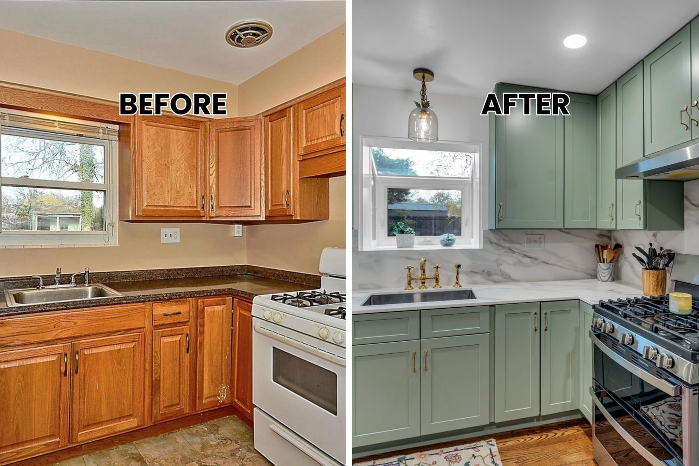 Kitchen renovation: dated oak cabinets to modern sage green