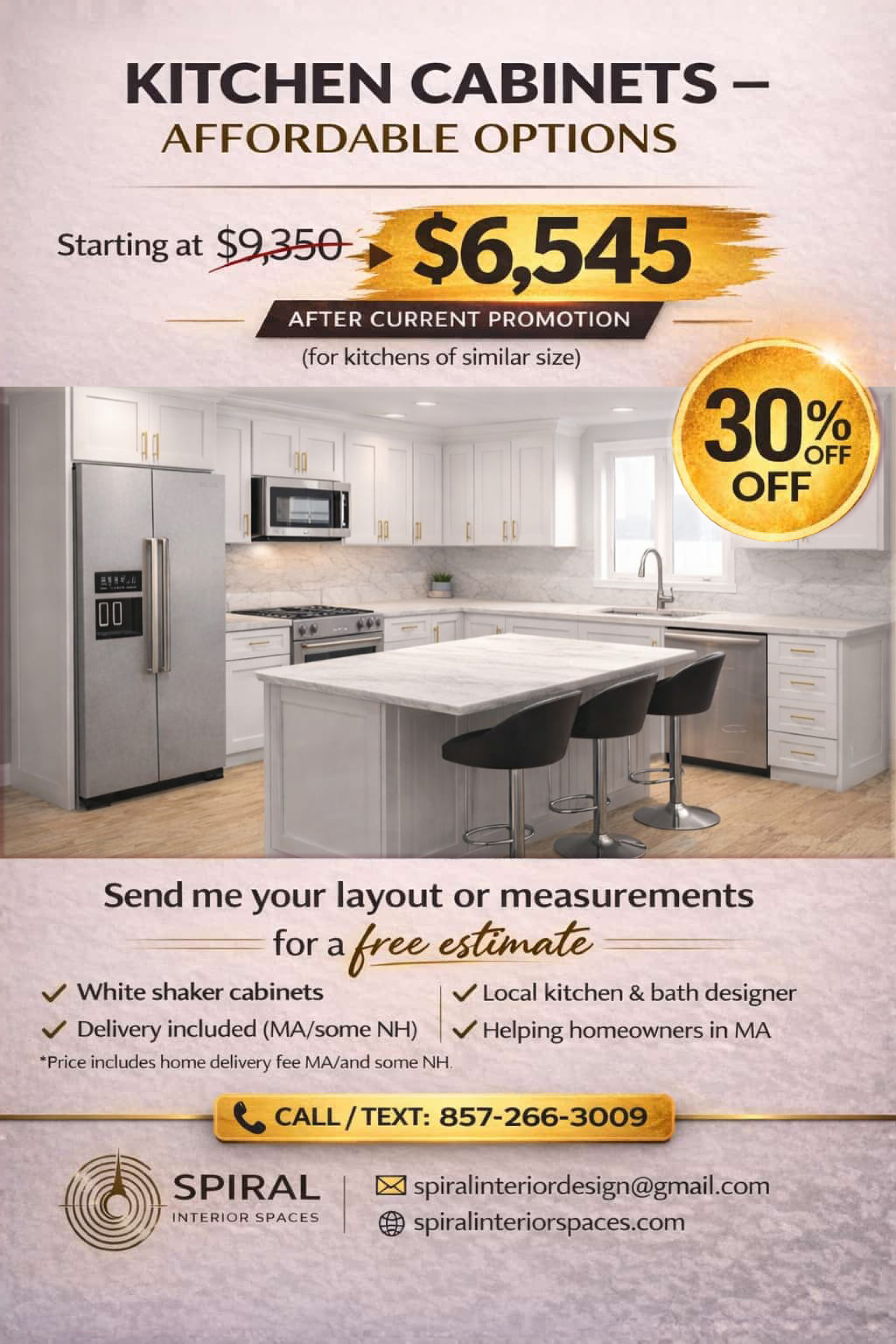 Kitchen Cabinets 30% Off — Starting at $6,545 after promotion.